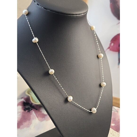 Sterling Silver Floating Pearl Necklace 18" White Freshwater Dainty Elegant Gift - Picture 1 of 6